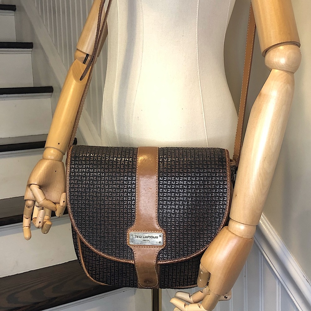 TED LAPIDUS Paris Monogram Embossed Vinyl Leather Crossbody Messenger Bag RARE